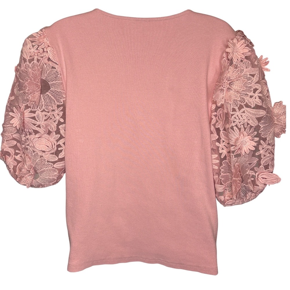 Dolan Womens Pink Ribbed Floral Lace Puff Sleeve Top Sz M Coquette Cottagecore - Picture 2 of 9